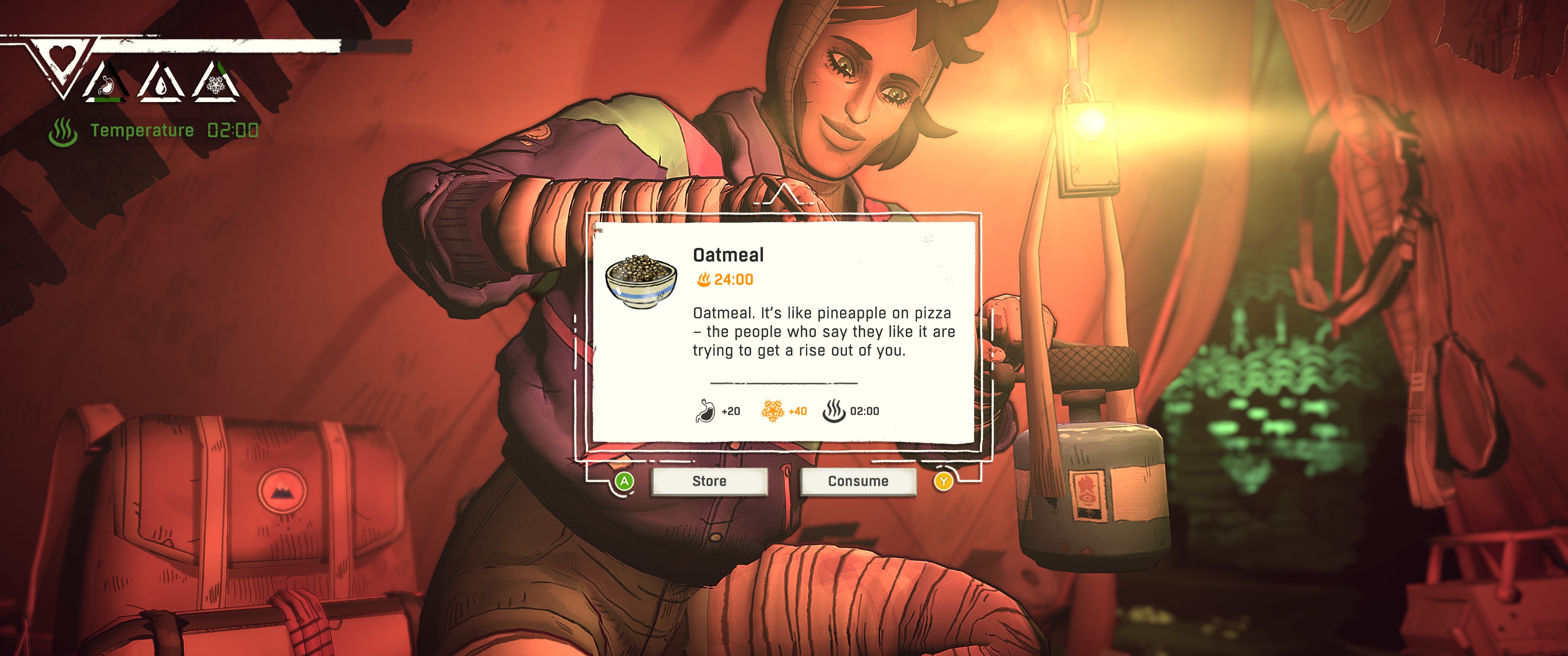 Cooking provides powerful temporary buffs and fills your meters (also I love pineapple on pizza, come at me).